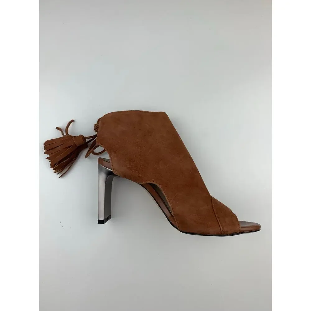 BCBGMaxAzria Brown Suede Heels Booties Open Toe Tassel Lace Up Women's 36 US 6